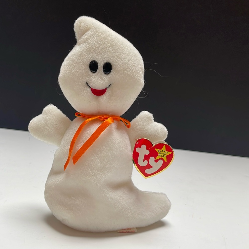 🐸 Ty Beanie Babies SPOOKY the White Ghost Plush - pellet filling - Picture 1 of 9
